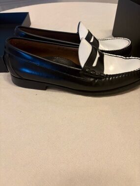 Men's Black and White Leather Penny Loafers